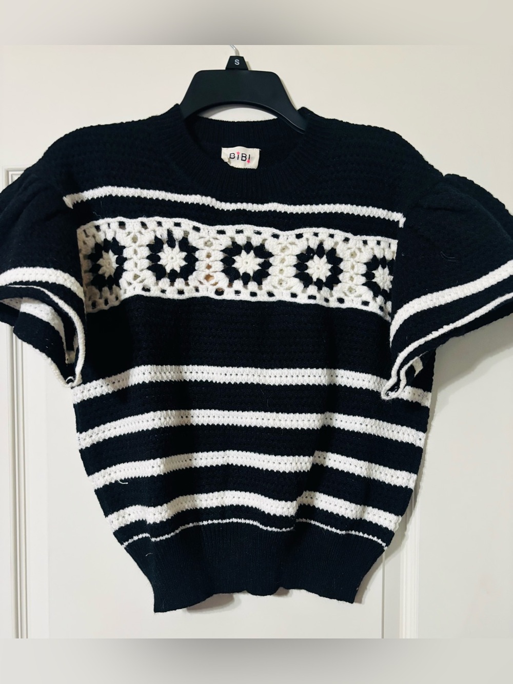 BiBi Black and White Striped Crochet Accent Sweater